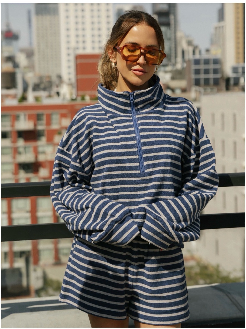 Striped Half-Zip Pullover Sweater with matching shorts - Navy and Grey